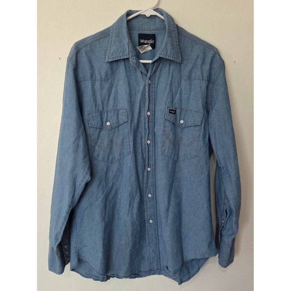 Wrangler Mens Blue Denim Western Pearl Snap Long Sleeve Shirt 100% Cotton Large
